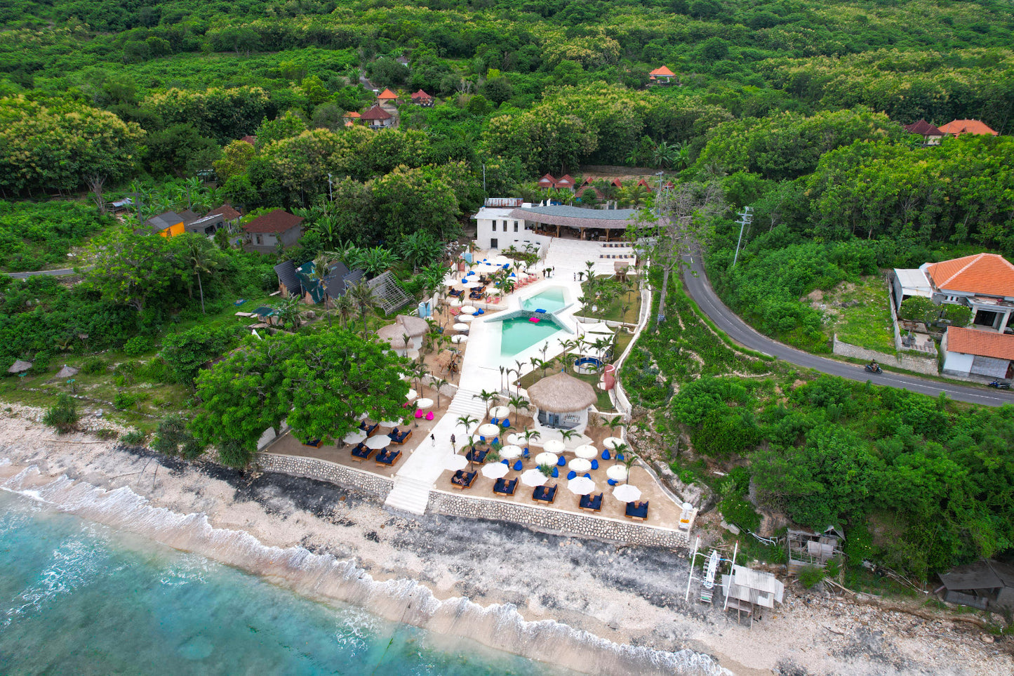 Cactus Beach Club in Nusa Penida Island Bali - Aerial View showing beautiful beach